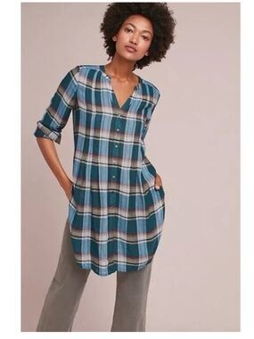 Anthropologie Akemi + Kin Lucie Plaid Teal Button-Front Tunic Shirt Dress